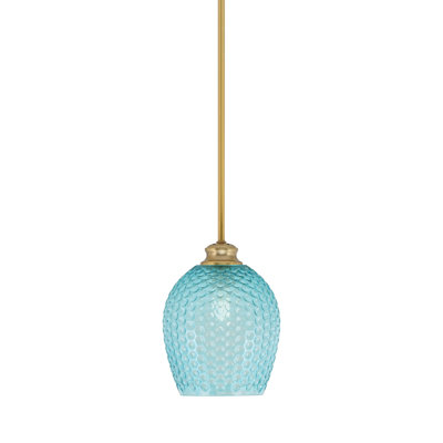 Luminaire suspendu Quapaw Carina au fini laiton vieilli avec verre texturé turquoise de 7,5 po