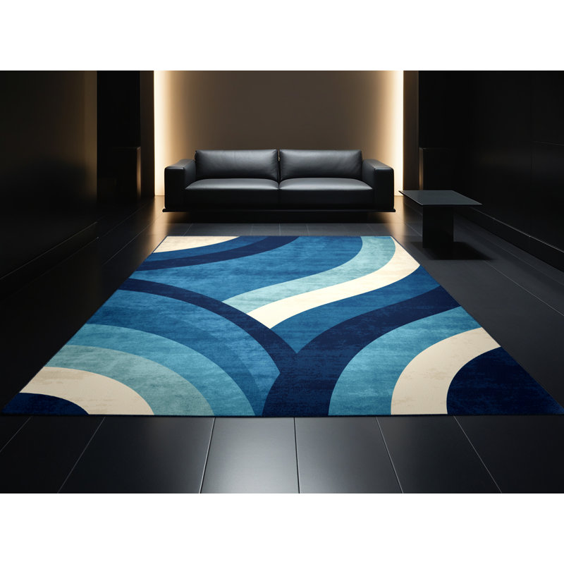 Machine Washable Pandelica Sydney Opera House Modern & Contemporary Arc Rug in Blue – Navy Binding, 5x7