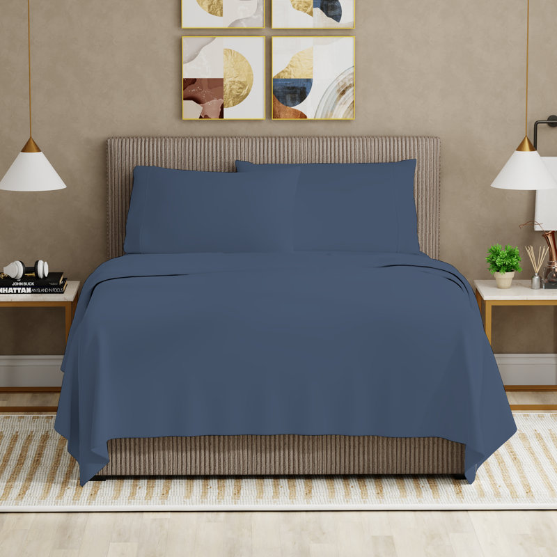 Ensemble de draps en microfibre ultra-doux et infroissable, Bleu marine, Ensemble de draps pour lit double + 2 taies d'orei