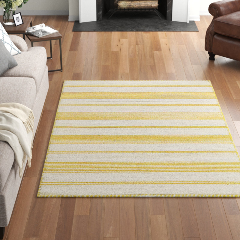 Tapis rayé tissé à plat à la main Perci - jaune soleil / crème, Rectangle de 10 pi x 14 pi