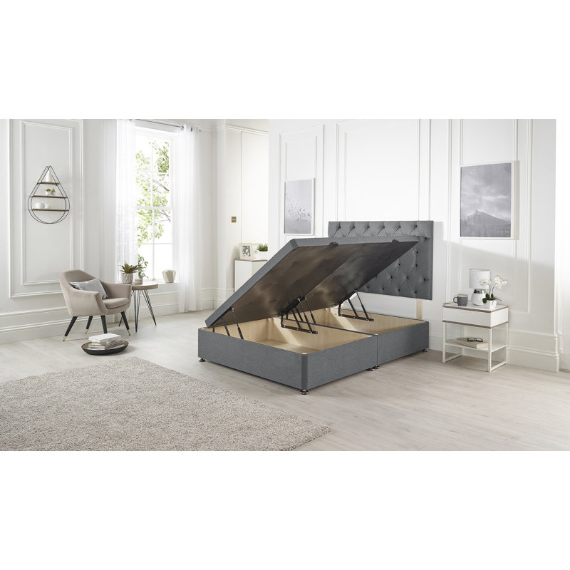 Etheral Side Opening Ottoman Storage Bed with Upholstered Headboard Plush Velvet, Charcoal Plush Velvet, Single (3')