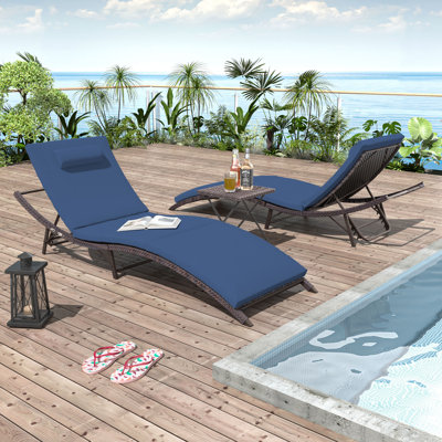 2-Piece Foldable "S"-Shaped Reclining Chaise Lounge Set With Adjustable Backrest And Foldable Rattan Coffee Table