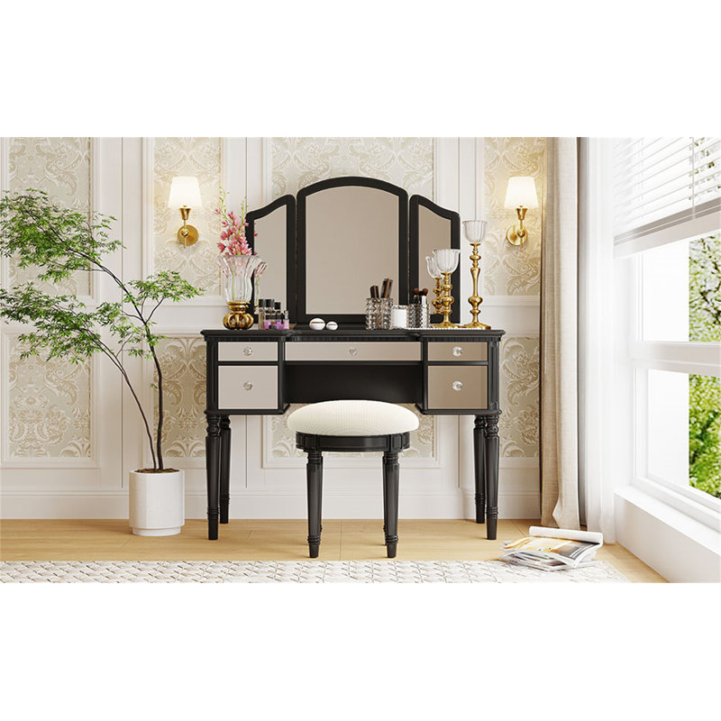 Ensemble de coiffeuse 43 "avec tiroirs en miroir et tabouret, miroir à trois volets, ensemble de coiffeuse pour chambre à coucher