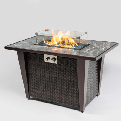 42Inch Rattan Fire Pit Table With Ceramic Tile Top, Glass Wind Guard, And Rain Cover For Outdoor Gatherings