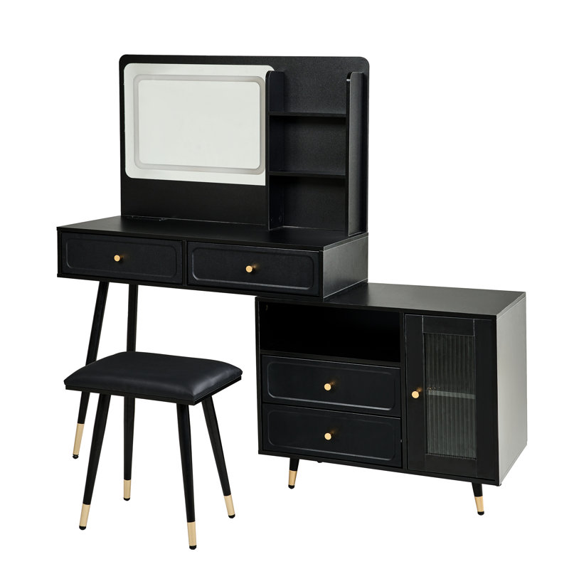 Retractable Makeup Vanity Desk With Mirror And Lights, 2 Drawers, Storage Shelves, Adjustable Cabinet, Power Outlet And A Stool
