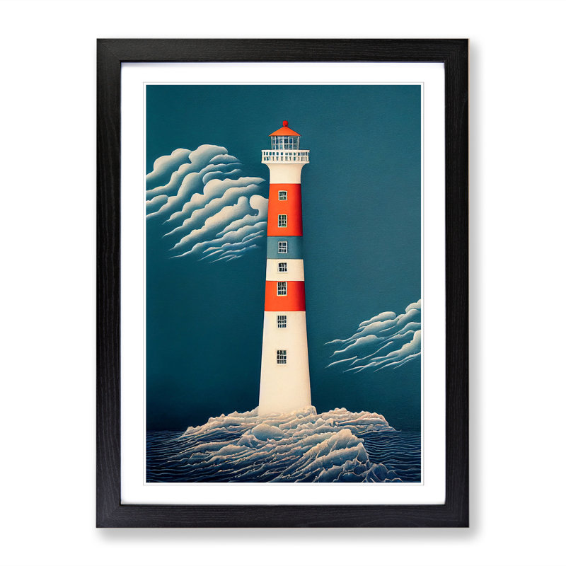 Licio Cute Lighthouse - Picture Frame Print, 46cm H x 34cm W x 2cm D, Black