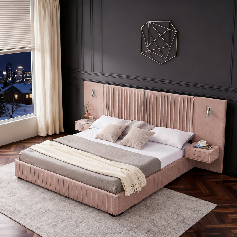 Chenille Upholstered Bed Frame With Pleated Design, Grounded Platform, Headboard, Solid Frame, And Bedside Table, No Box Spring Needed