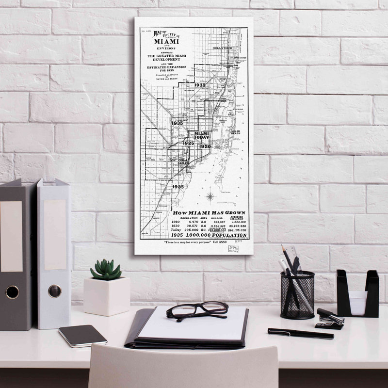 «Map of Miami 1925» par Epic Graffiti Portfolio, art mural sur toile, H 24 po x l 12 po x P 0,75 po