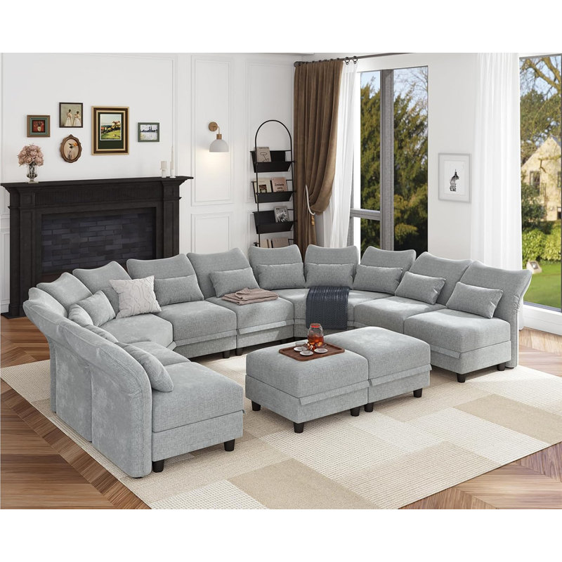 Ahren Upholstered Curved Sectional, Light Gray Chenille