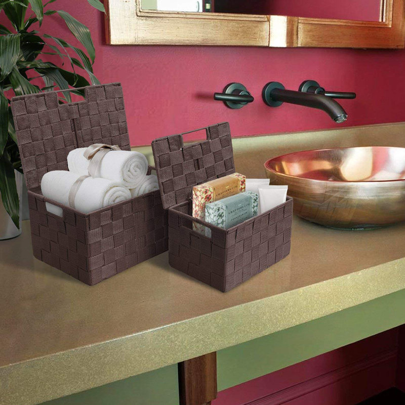 Sorbus Stackable Woven Basket with Lid and Handles 3 Pack, Chocolate