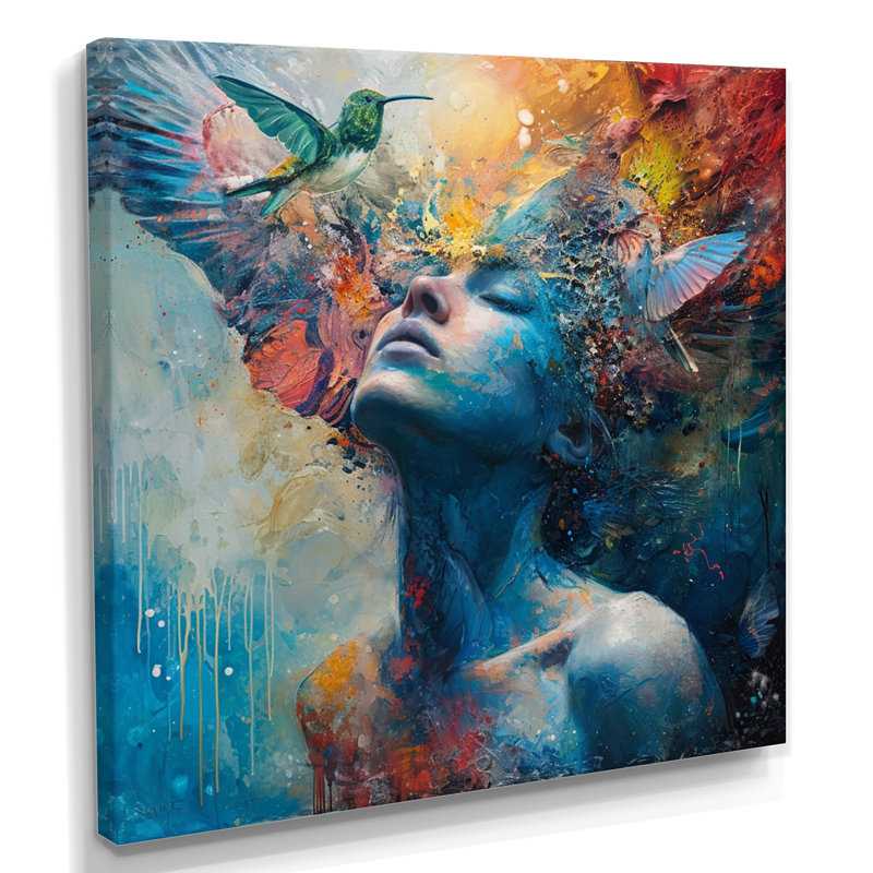«Blue Goddess With Kolibri - Modern Woman», art mural, Toile tendue, H 16 po x l 16 po