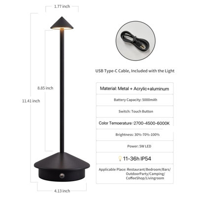 2‑Pack Cordless Table Lamp, IP54 Waterproof Rechargeable Table Lamp for Indoor Outdoor Dining Bedroom Living Room,gray