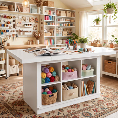 Table d'artisanat avec rangement, table de couture à hauteur de comptoir, poste de travail de bureau avec 6 compartiments ouverts, chariot de rangement pour îlot de bricolage (noir et brun)
