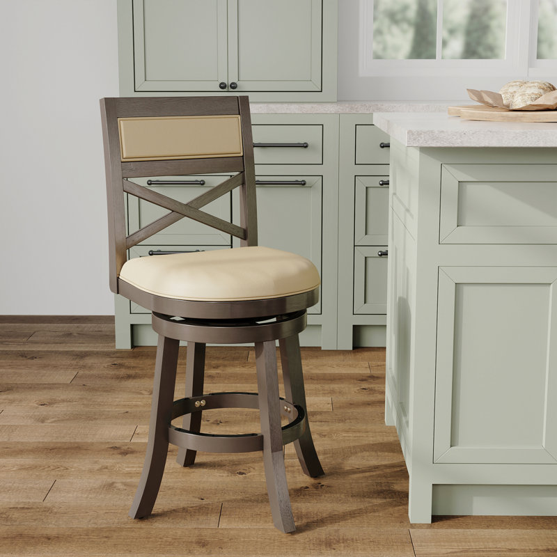 Tabouret pivotant à dossier en X de 24 po de hauteur avec comptoir en cuir gris français, finition gris vieilli pour plus de confort et de style