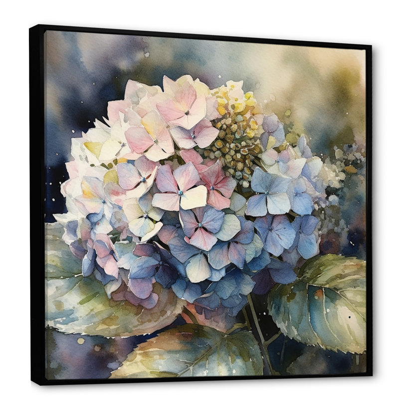 Mauve et hydreangea III - imprimé, H 24 po x l 24 po x P 1 po, Cadre flottant noir