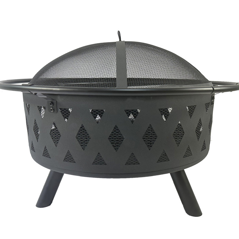 Foyer d'extérieur au feu de bois en métal - Conception ronde avec protection contre les intempéries et filet de diamant