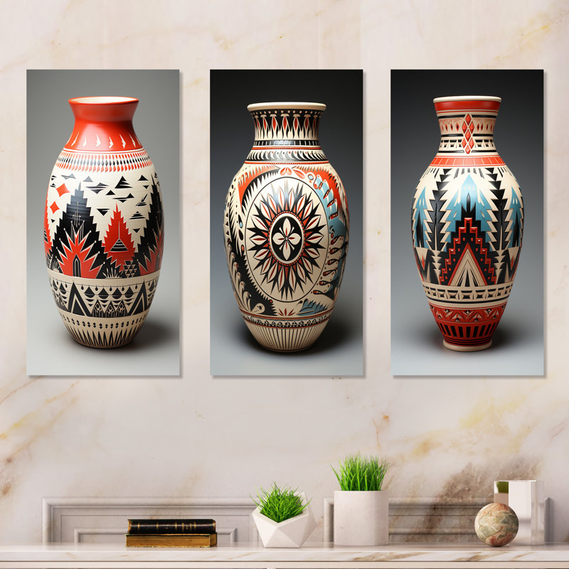 «Native Pueblo Pottery - Abstract Still Lifes», ensemble de 3 reproductions d'art mural en métal, H 28 po x l 36 po