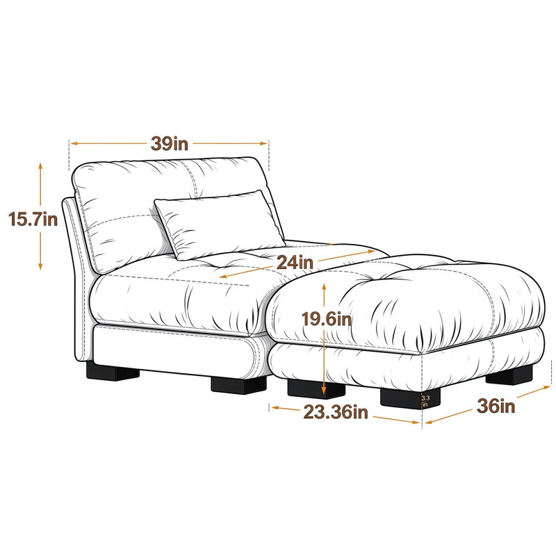 Armless Chaise Lounge，Cloud Chaise，Tufted Chaise Chair, Gray