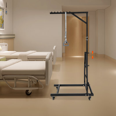 Barre de trapèze réglable pour lit Aide à la mobilité en acier au carbone robuste avec poignées ergonomiques, roulettes pivotantes verrouillables, supporte 330 lb