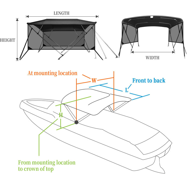 Dessus de bateau 54 po H 54 po: toile en polyuréthane marine 600D, rideaux latéraux translucides à fermeture à glissière, structure en aluminium de 1 po, soleil imperméable (version rideau latéral translucide)