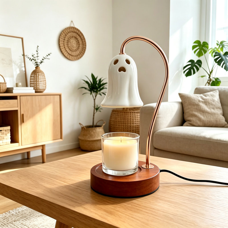 Lampe chauffe-bougie fantôme en céramique avec minuterie, brûleur de cire effrayant et mignon pour la décoration d'Halloween, chauffe-bougie électrique pour fondants parfumés, décoration pour la maison et la chambre