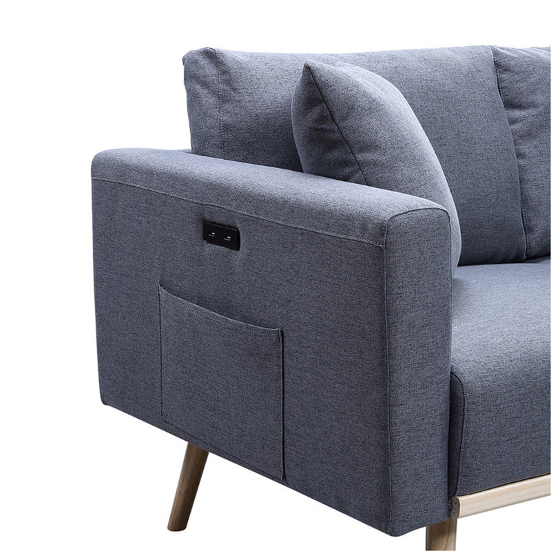 Causeuse 56,5 po en tissu de lin gris foncé avec poches de chargement USB et coussins