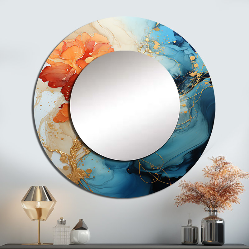 Sereby Orange Teal Abstract Fractal - Fractals Wall Mirror, Orange Round Decorative Mirror, Printed Metal Art, 36" x 36"