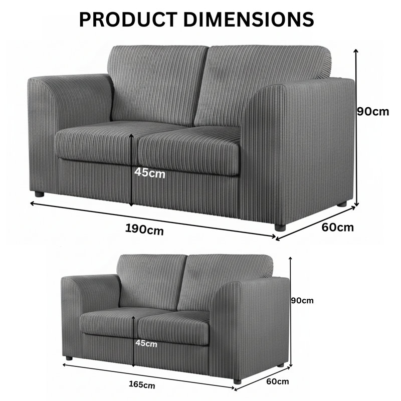 Jambo Cord 3 and 2 Seater High Back Cushion Sofa Set, Grey