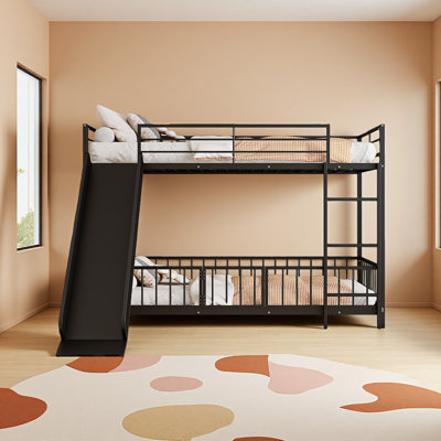 Metal Bunk Bed With Slide And Guardrails
