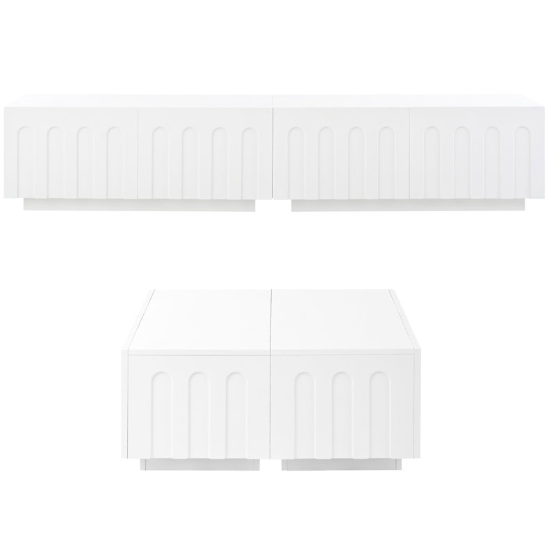 Elegant White Tv Stand & Coffee Table Pair, Dual - Purpose Center With Arched Drawer Style, Flexible Furniture For Home Organization Needs, 8 Spacious Drawers Keeping Neat, Crafted From And Ensemble,