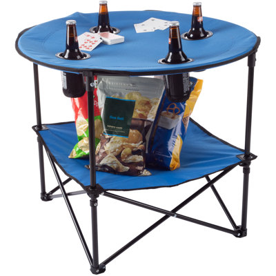 Outdoors Folding Camping Table with 4 Cupholders and Carrying Bag, Blue by Arlmont & Co.