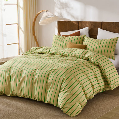 Ensemble d'édredon à rayures grand format - Ensemble de literie 100% coton, ensemble d'édredon à rayures kaki et vert 3 pièces, ensemble d'édredon en lin doux pour toutes les saisons