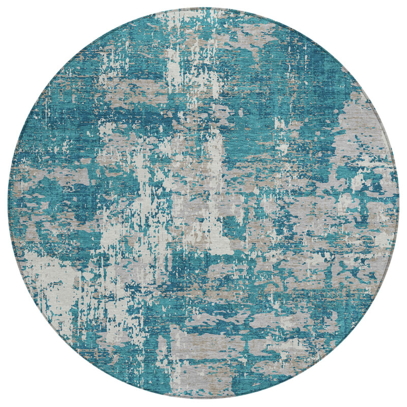 Teal and Gray Abstract Round Washable Synthetic Rug