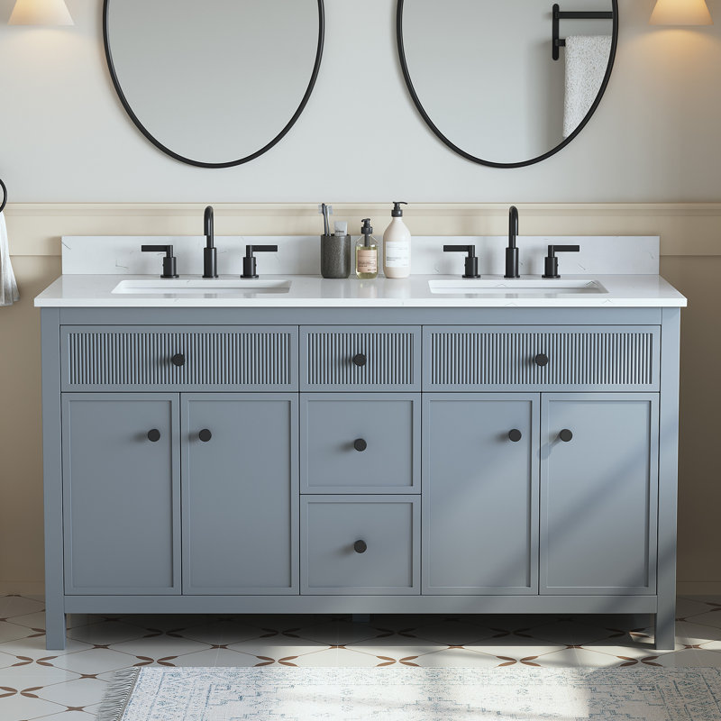 Comptoir de meuble-lavabo double rectangulaire 61 "en blanc, Quartz blanc de Carrare