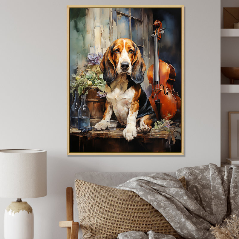 Basset hound, mélodie sur toile, H 20 po x l 12 po x P 1 po, Cadre naturel flottant