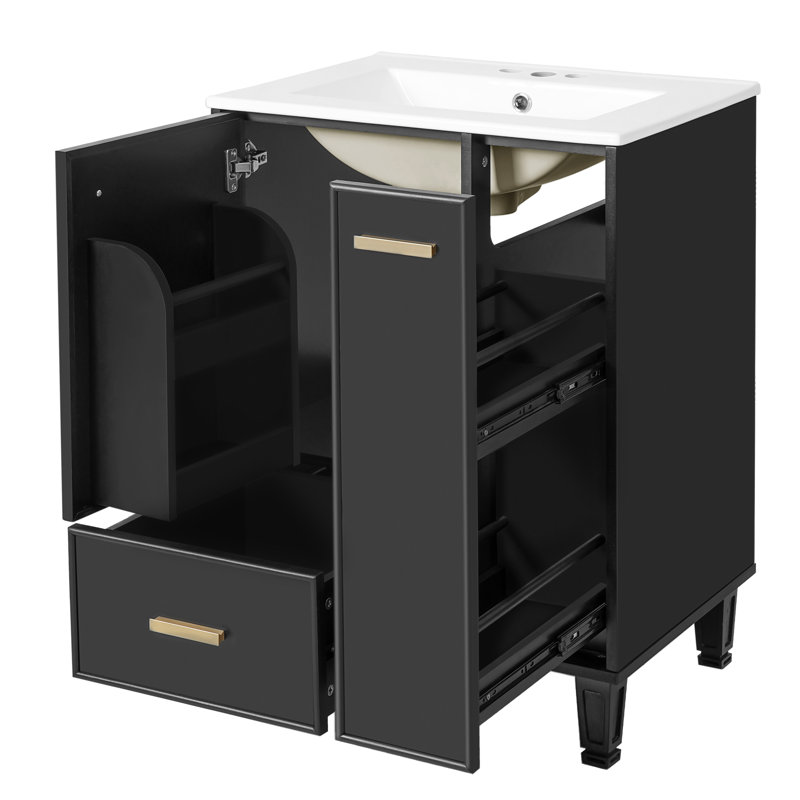 Armoire de salle de bain 24 po avec lavabo en céramique, panier à 2 niveaux et tablette de porte, Noir