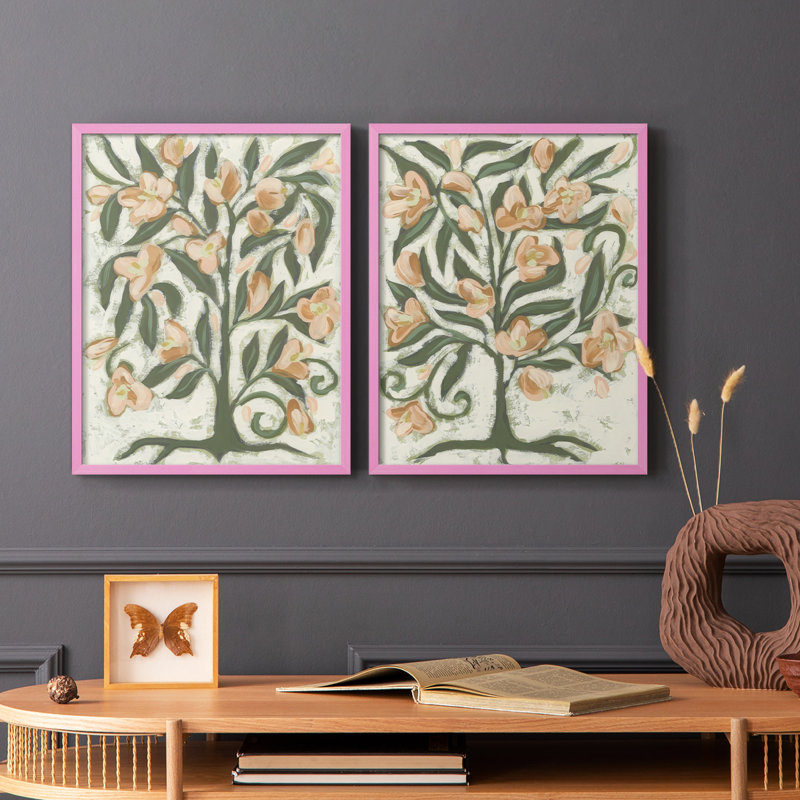 «Folk Peach Blossoms I», reproduction encadrée de qualité supérieure - prête à être accrochée - aucun clou requis - aucun clou requis