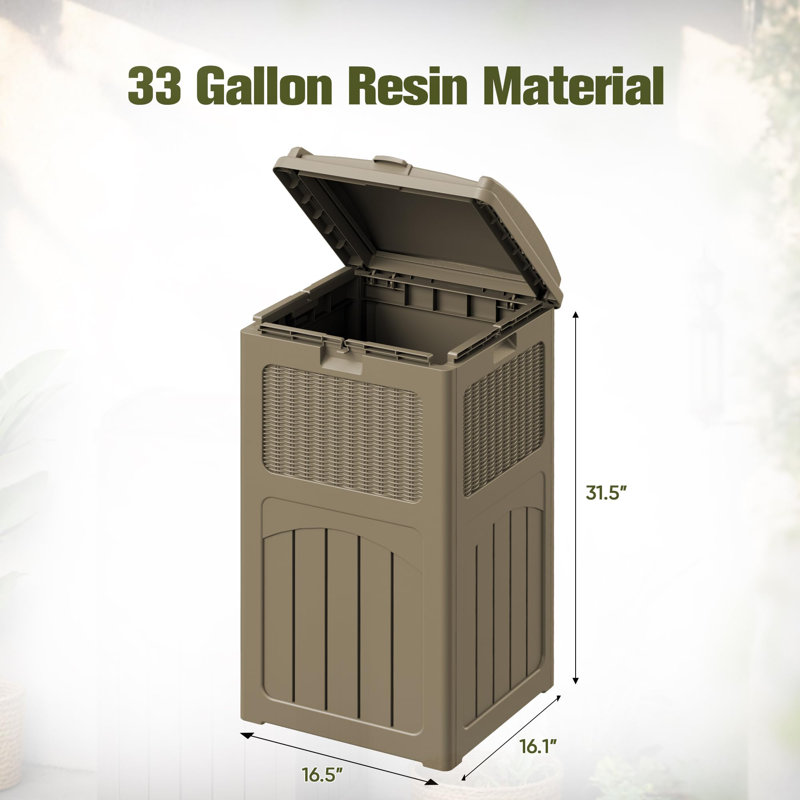 33 Gallon Outdoor Hideaway Trash Can with Tiered Lid, Waterproof Resin Waste Bin for Patio, Pool, Backyard & Deck, Brown