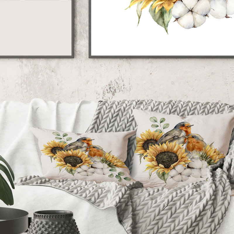 Housse et insert de coussin Bouquet with Redbreasts Sunflowers, 16" x 16"