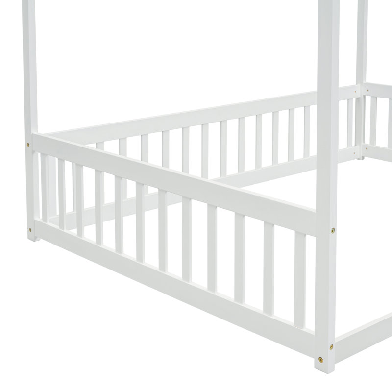 Canopy Frame Floor Bed With Fence, Guardrails, White, Full