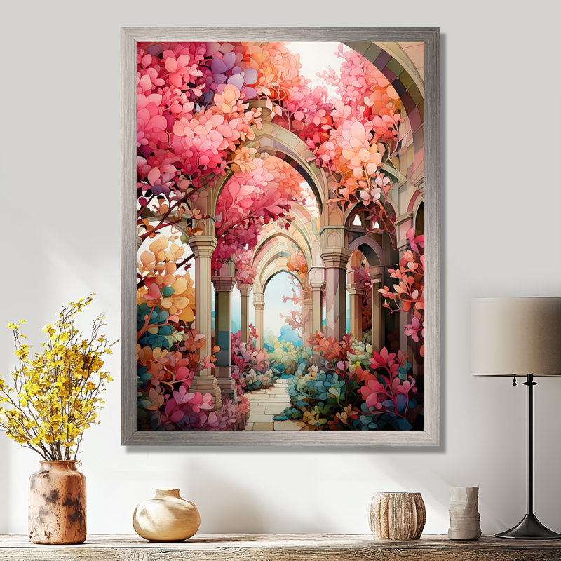 «Swante Pink Bridge Whimsical Arches», reproduction sur toile, Cadre flottant érable, H 32 po x l 24 po x P 1 po