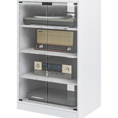 4 Media Cabinet, Tempered Glass Doors, Adjustable Shelves, Cable Management, Distressed White For Digital Audio Video Stand, Modern With Attractive