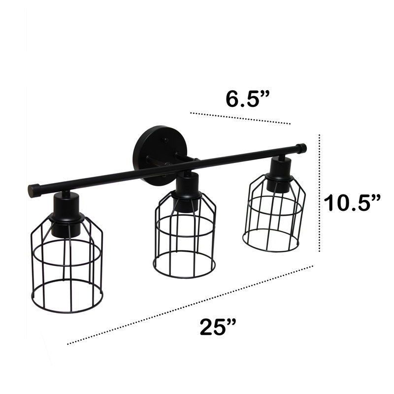 Black Industrial 3-Light Vanity Fixture with Wire Cage Shades