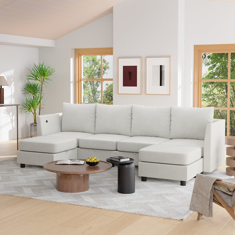 Canapé modulaire en U rembourré en chenille, H 35,83 po x l 104,7 po x P 52 po, Chenille beige