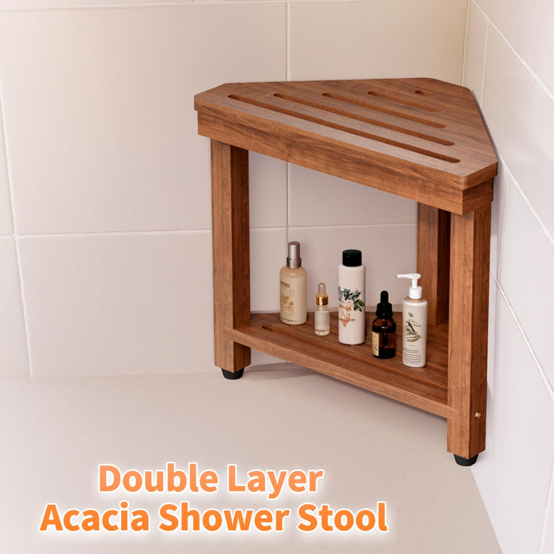 Shower Foot Rest 15 In, Acacia Shower Stool For Shaving Legs,Corner Bath Shower Bench With Starage Shelf For Inside Small Shower Spaces