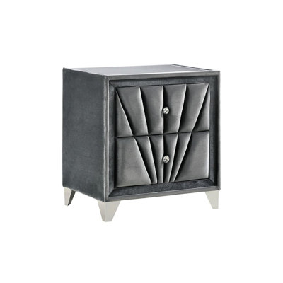 2 Table de chevet avec revêtement en tissu gris, touche d'art, acrylique, plateau et pieds en verre pour chambre à coucher revêtue de gris