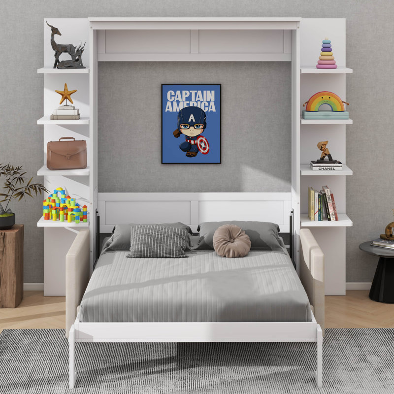 Annaleise Queen Size Murphy Bed With Upholstered Sofa, Shelves, White
