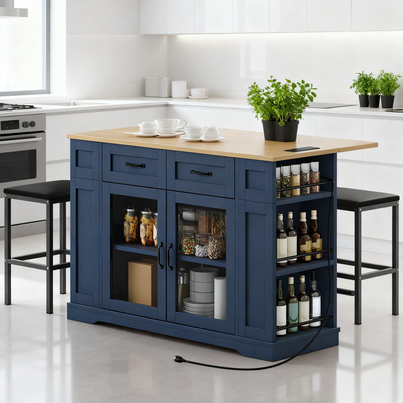 Îlot de cuisine avec sièges, chariot de cuisine mobile avec abattant, prise de courant, support à épices, 2 tabourets, repose-pieds, roues verrouillables pour un rangement supplémentaire