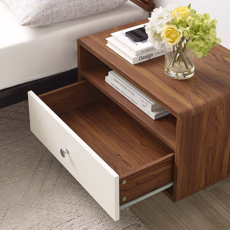 Walnut and White Mid-Century Modern Wall-Mount Nightstand