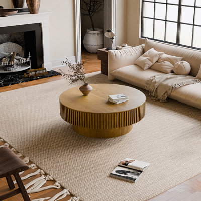 39.37'' Round Coffee Table With Storage Solid Wood Veneered Modern Coffee Table Accent Tea Table For Living Room, Bedroom, Apartment Or Office, Brown